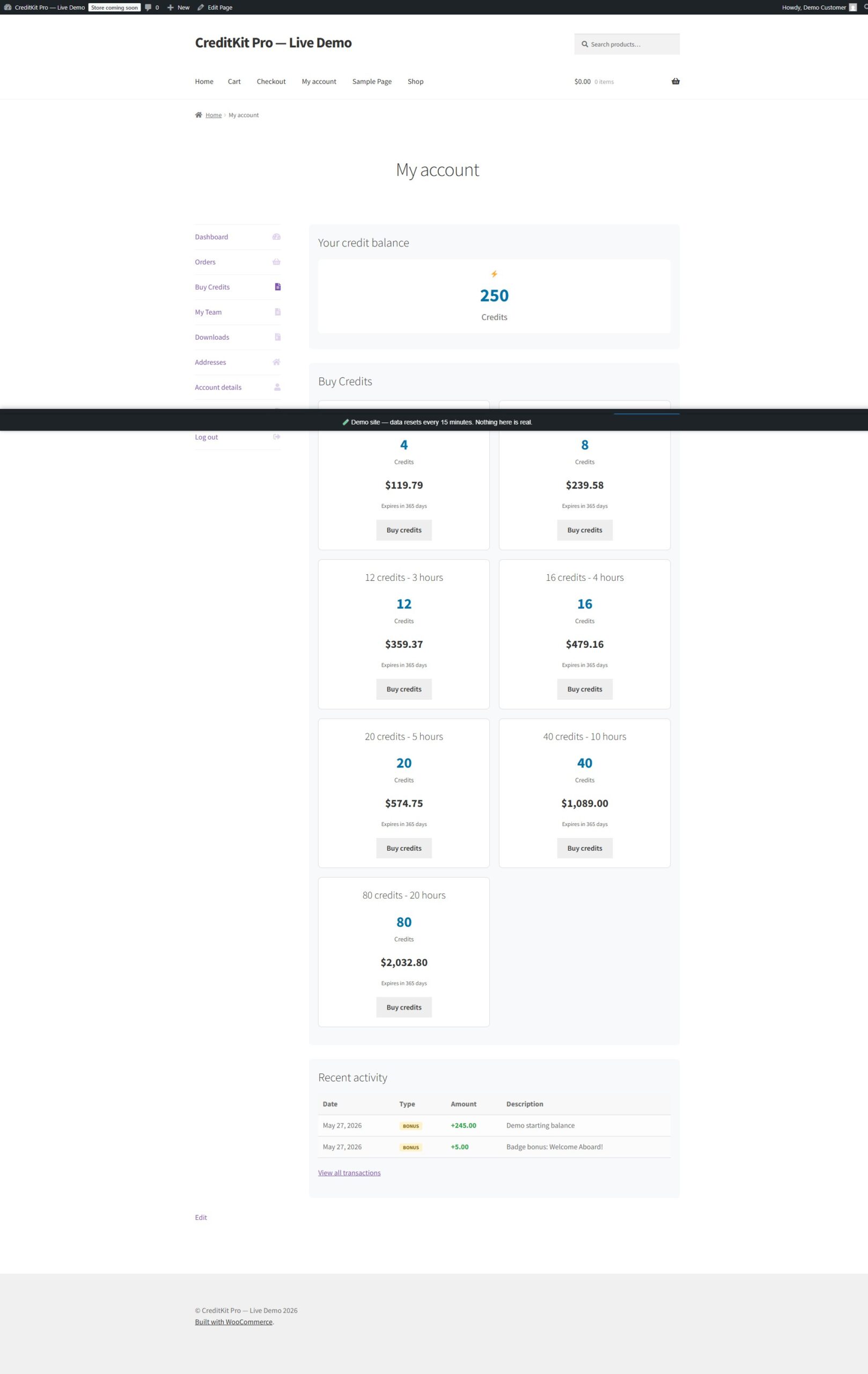 Customer credit balance and full transaction ledger in the WooCommerce My Account area with CreditKit Pro
