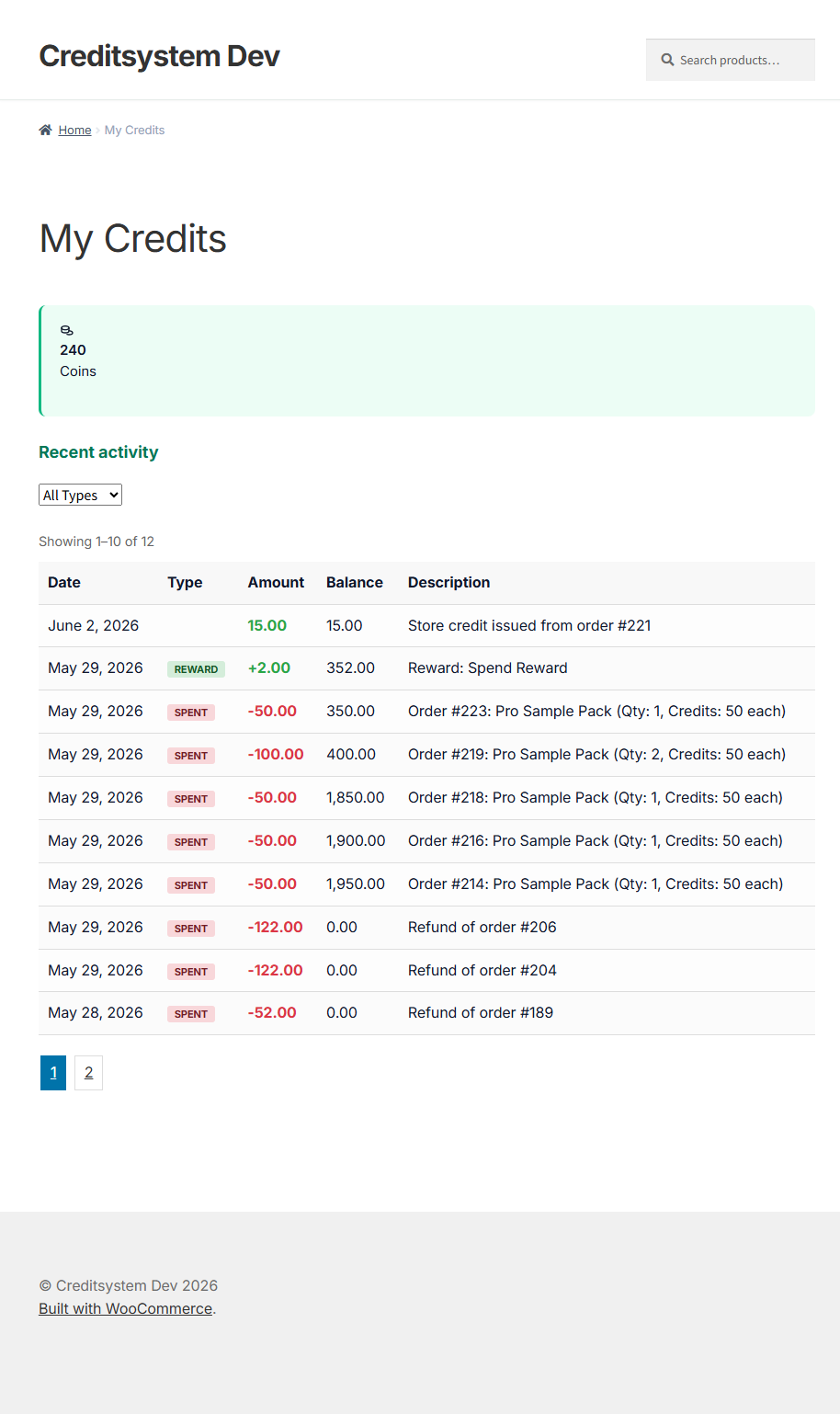CreditKit Pro My Credits: a customer balance in credits with a recent-activity ledger