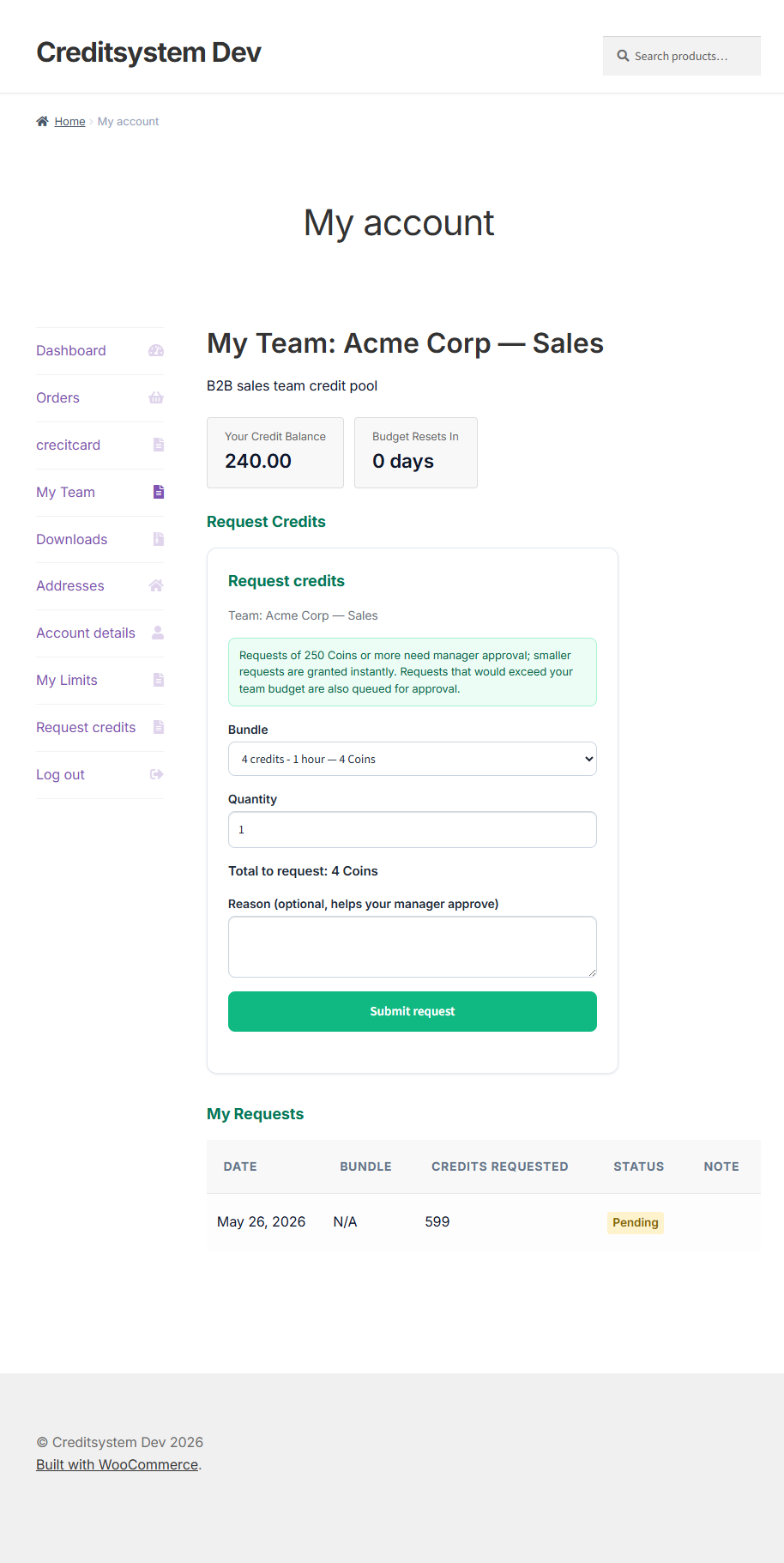 CreditKit Pro My Team: a member requests credits with threshold-gated manager approval