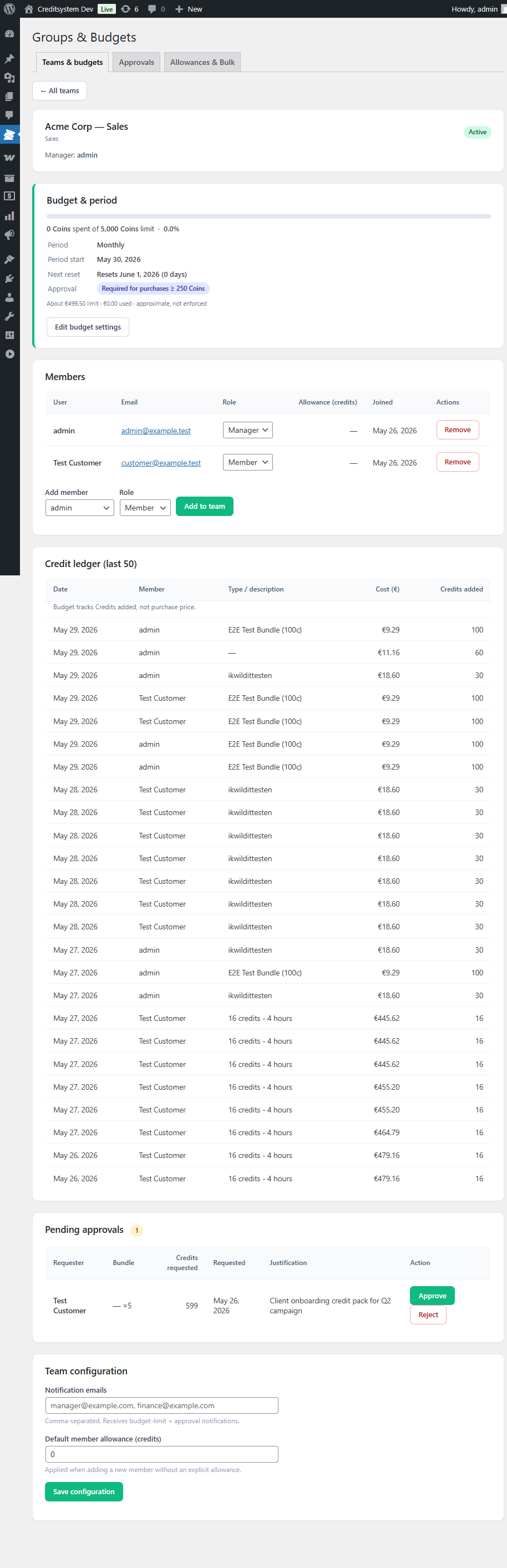CreditKit Pro Groups and Budgets admin: a team prepaid budget, Manager and Member roles, credit ledger, and a pending per-transaction approval